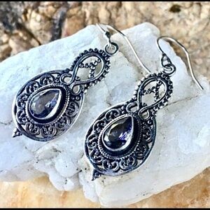 Lilac topaz intricate silver lotus filigree Bali boho earrings NWT